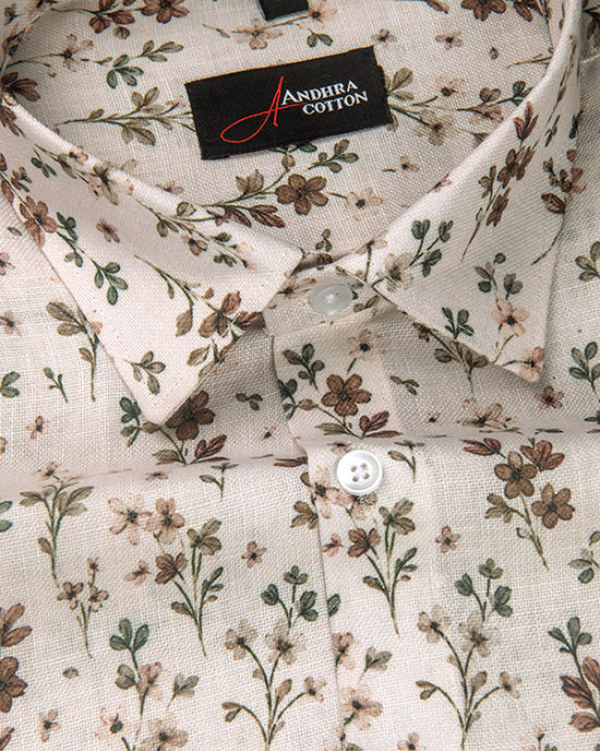 Rusiyano Linen Cream With Green Marrun Leaf Print Shirts