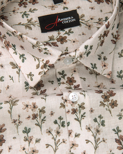 Rusiyano Linen Cream With Green Marrun Leaf Print Shirts