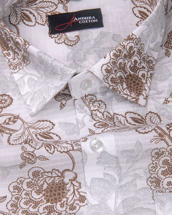 Linen White With Maroon Flower Print Shirts for Men