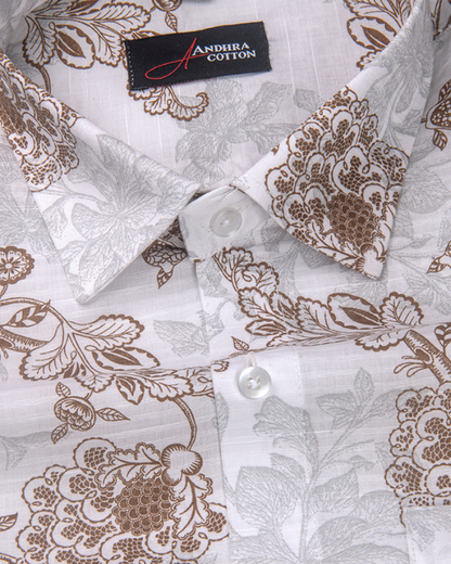 Linen White With Maroon Flower Print Shirts for Men