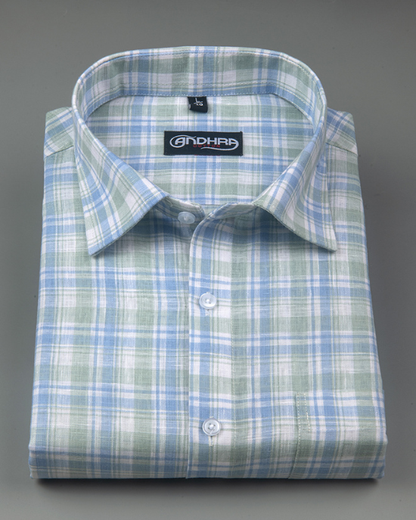 Corporate Cotton Blue Green Checks Shirts for Men