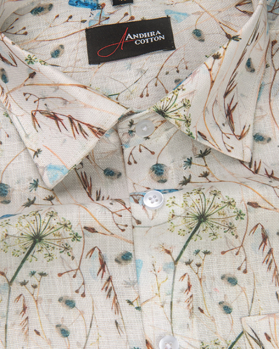 Rusiyano Linen Cream with Brown Rama Flower Print Shirts for Men