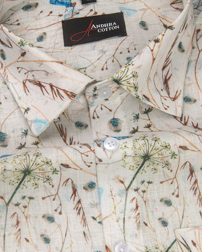 Rusiyano Linen Cream with Brown Rama Flower Print Shirts for Men
