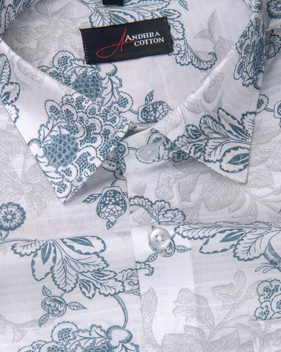 Linen White With Rama Colour Flower Print Shirts for Men