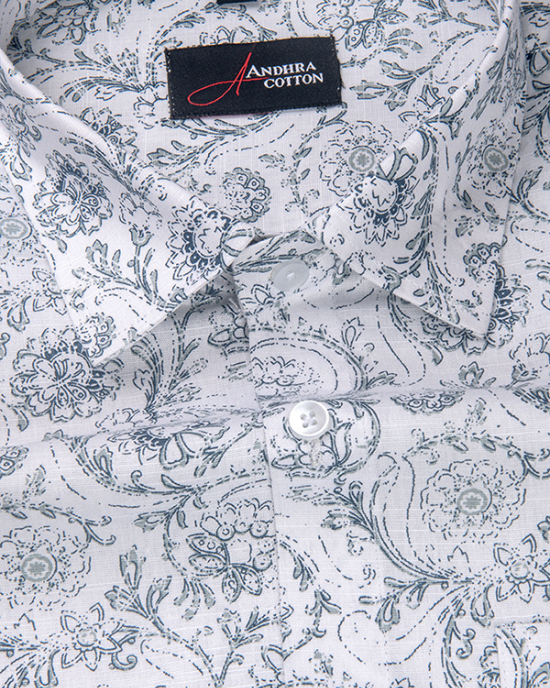 Linen White With Gray Flower Print Shirts for Men