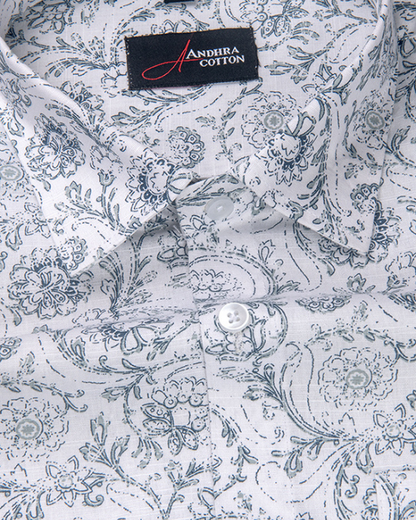 Linen White With Gray Flower Print Shirts for Men