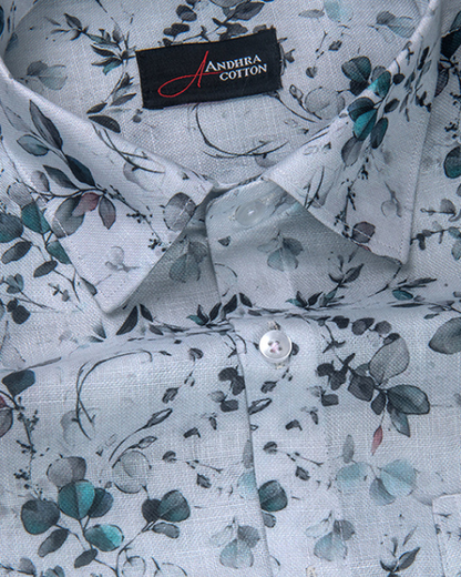 Rusiyano Linen White With Rama Black Flower Print Men’s Shirt