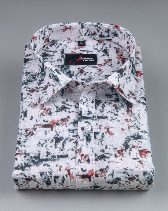 Rusiyano Linen White With Black And Red Mixed Print Shirts