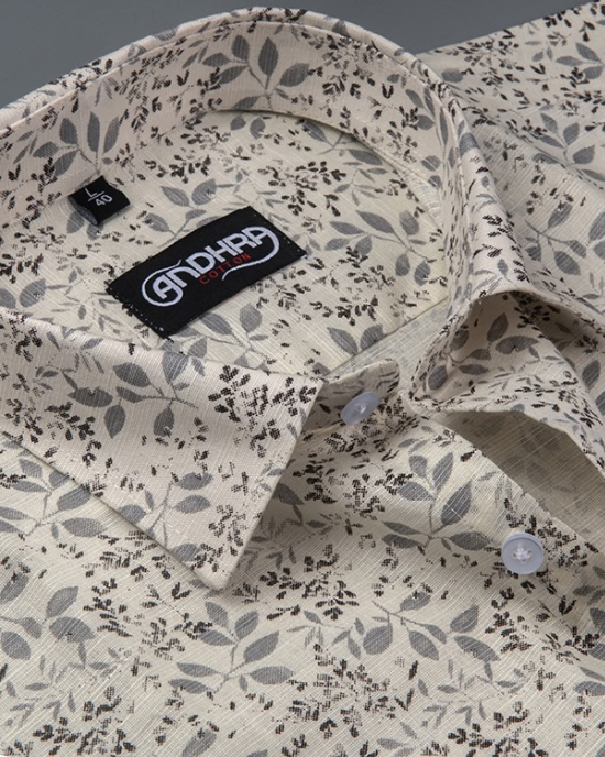 Slub Linen Cream with Gray Flower Print Shirts for Men