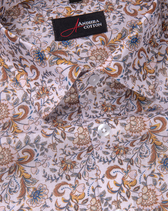 Rusiyano Linen Golden Yellow With Marrun Flower Print Shirts