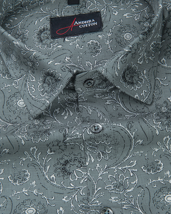 Linen Bottle Green With White Flower Print Shirts for Men