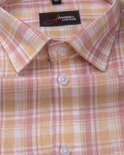 Corporate Cotton Pink Yellow Checks Shirts for Men