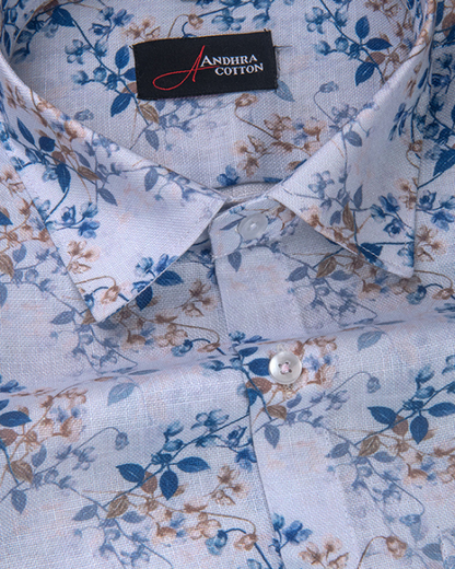 Rusiyano Linen White With Blue Maroon Leaf Print Shirts For Men