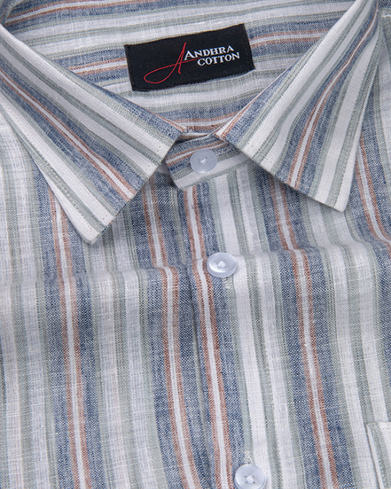 Super Fine Linen White with Blue Gray Mix Patta Print Shirts for Men