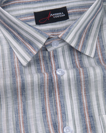 Super Fine Linen White with Blue Gray Mix Patta Print Shirts for Men