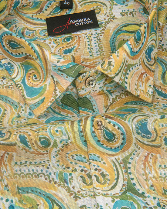 Rusiyano Linen Yellow Rama Pathan Print Shirts for Men