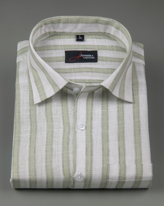 Soft Linen White with Green Patta Shirts for Men