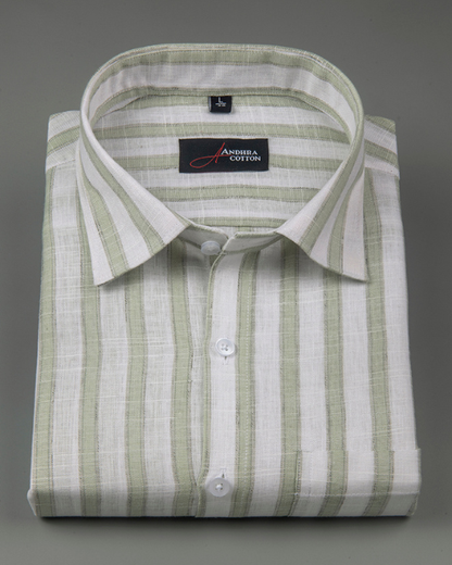 Soft Linen White with Green Patta Shirts for Men