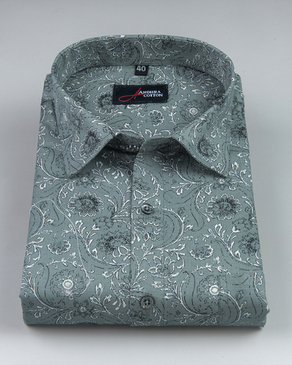 Linen Bottle Green With White Flower Print Shirts for Men