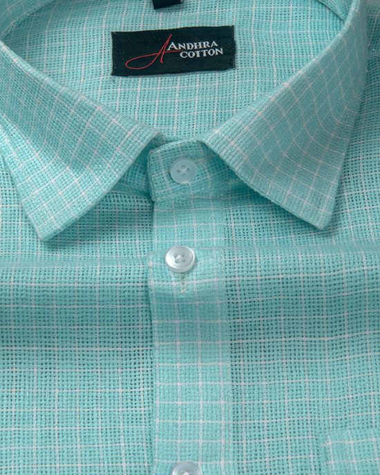 Jute Linen Sky Blue with White Checks Shirts for Men