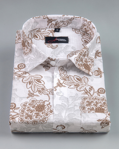 Linen White With Maroon Flower Print Shirts for Men