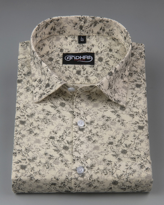 Slub Linen Fone with Mehandi Flower Print Shirts for Men