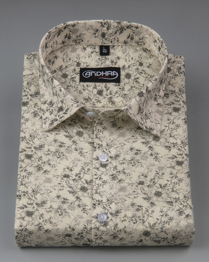 Slub Linen Fone with Mehandi Flower Print Shirts for Men