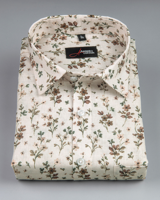 Rusiyano Linen Cream With Green Marrun Leaf Print Shirts