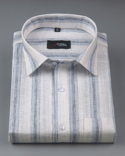 Soft Linen White with Sky Broad Patta Shirts for Men