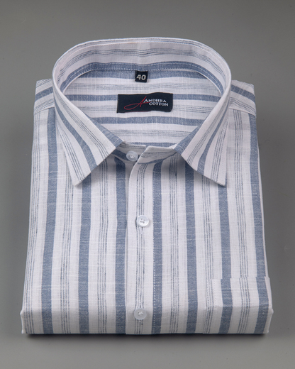 Soft Linen White with Blue Mix Patta Print Shirts for Men
