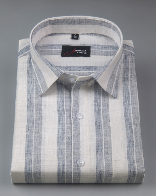 Soft Linen White with Blue Grey Mix Broad Patta Shirts for Men