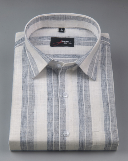 Soft Linen White with Blue Grey Mix Broad Patta Shirts for Men