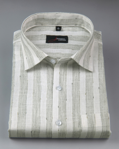 Soft Jute Linen White with Pista Green Patta Shirts for Men