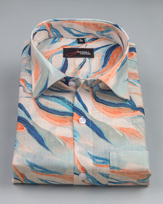 Rusiyano Linen Blue Orange Sparkle Print Shirts for Men
