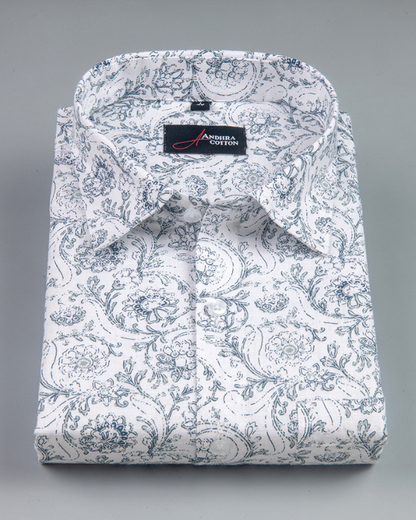 Linen White With Gray Flower Print Shirts for Men