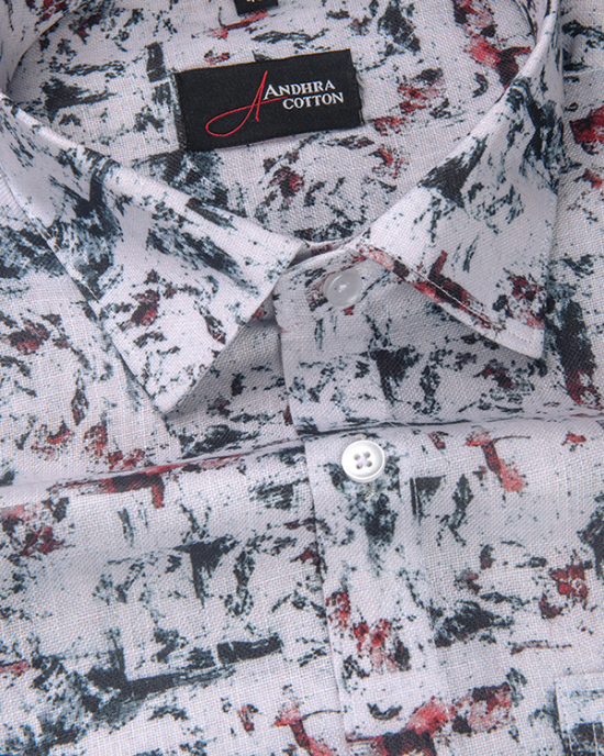 Rusiyano Linen White With Black And Red Mixed Print Shirts
