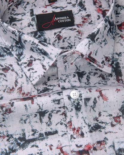 Rusiyano Linen White With Black And Red Mixed Print Shirts