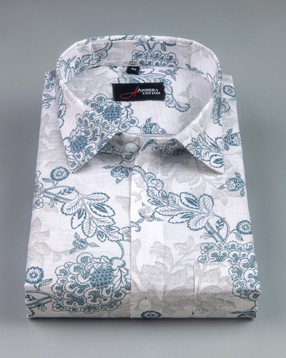 Linen White With Rama Colour Flower Print Shirts for Men