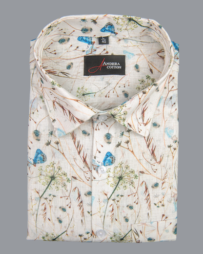 Rusiyano Linen Cream with Brown Rama Flower Print Shirts for Men