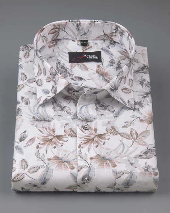 Digital White Grey with Brown Flower Print Shirts for Men
