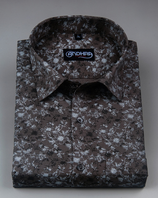 Slub Linen Brown Printed Shirts for Men