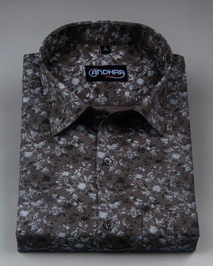 Slub Linen Brown Printed Shirts for Men
