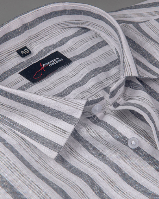 Soft Linen White with Grey Mix Patta Print Shirts for Men