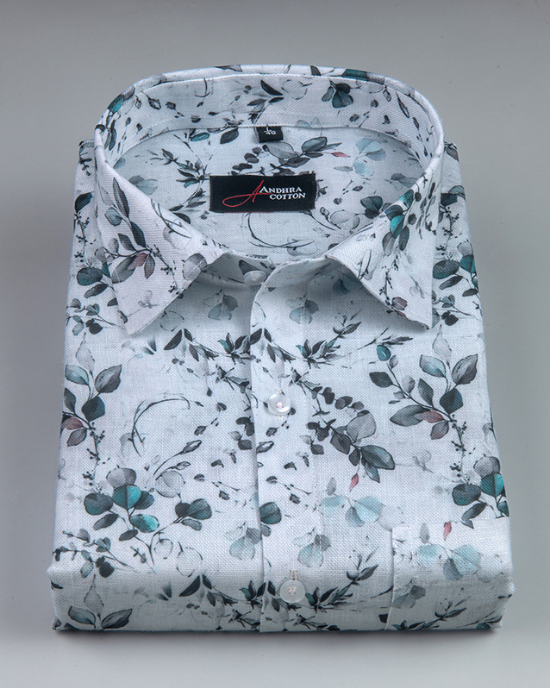 Rusiyano Linen White With Rama Black Flower Print Men’s Shirt