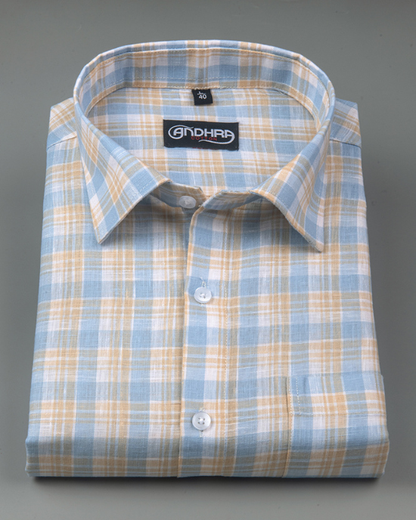 Corporate Cotton Sky Blue Fone Checks Shirts for Men