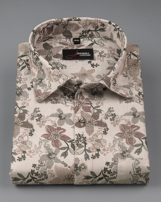 Digital Light Brown White Dark Brown Flower Print Shirts for Men