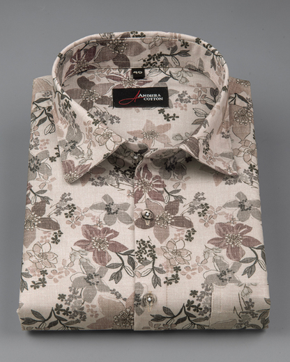 Digital Light Brown White Dark Brown Flower Print Shirts for Men