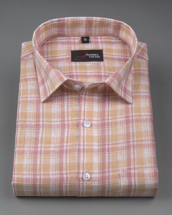 Corporate Cotton Pink Yellow Checks Shirts for Men