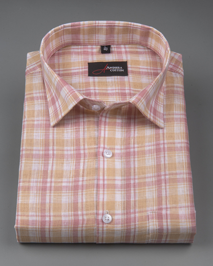 Corporate Cotton Pink Yellow Checks Shirts for Men
