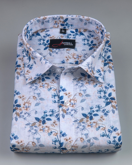 Rusiyano Linen White With Blue Maroon Leaf Print Shirts For Men
